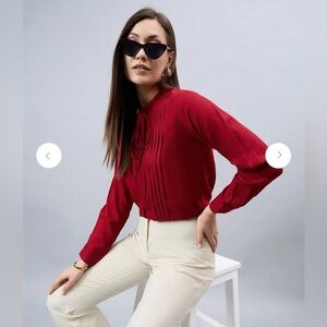 Express Deep Red Blouse with Bow Accent